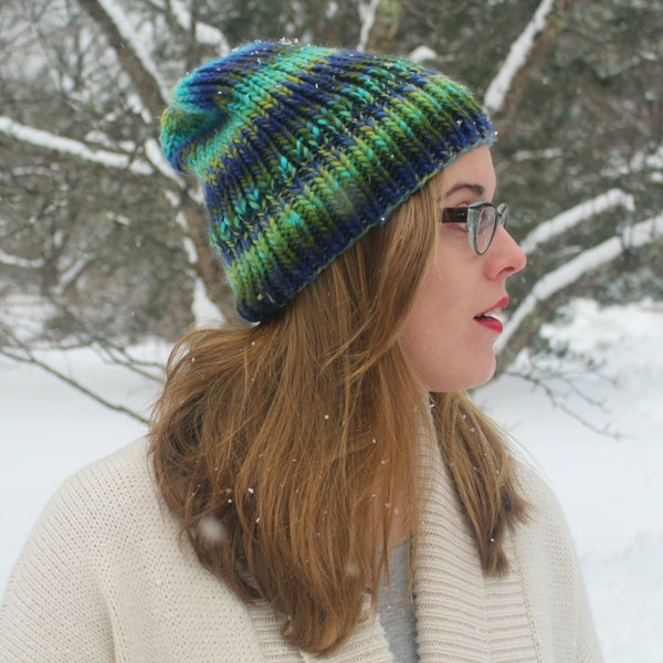 Ready to Ship Hand-Knit Blue Ombre Slouch Hat-- Womens / Mens / Boys / Girls, Blue, Teal, Green Ombre
