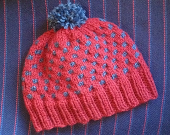 Hand-Knit Merino Wool Hat--Womens / Mens / Childrens, Maroon and Blue