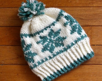Hand-Knit Snowflake Fair Isle Pom-Pom Hat-- Baby / Toddler, Cream and Teal