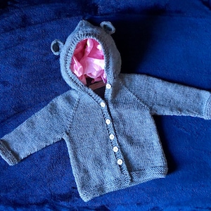Ready to Ship Hand-Knit Baby Bear Hoodie / Sweater / Cardigan -- Baby Boy / Baby Girl in Heathered Grey