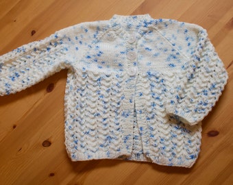 Hand-Knit Baby Cardigan, Blue & White Scalloped Wool Sweater