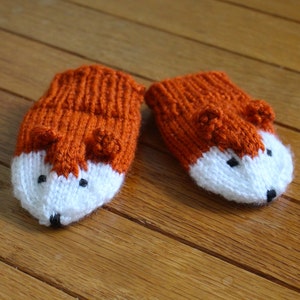 Hand-Knit Fox Mittens -- Baby / Toddler / Kids ; Pumpkin and Cream