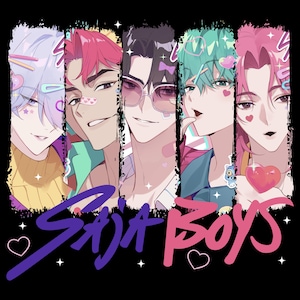May include: Illustration of five anime-style characters with vibrant hair and accessories. The image has a black background with the text "SAJA BOYS" in purple and pink. Hearts and stars are scattered around the text, creating a playful design.