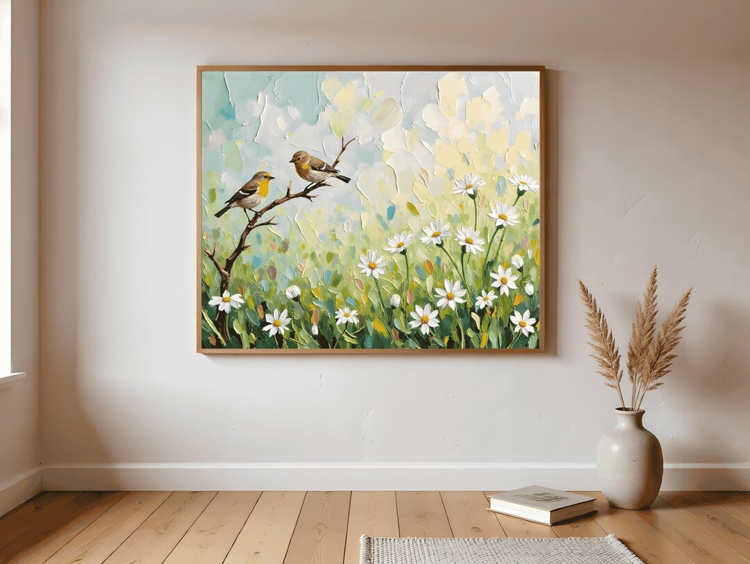 Spring Wall Art | Blooming Meadow With Birds at Sunrise Wildflower ...