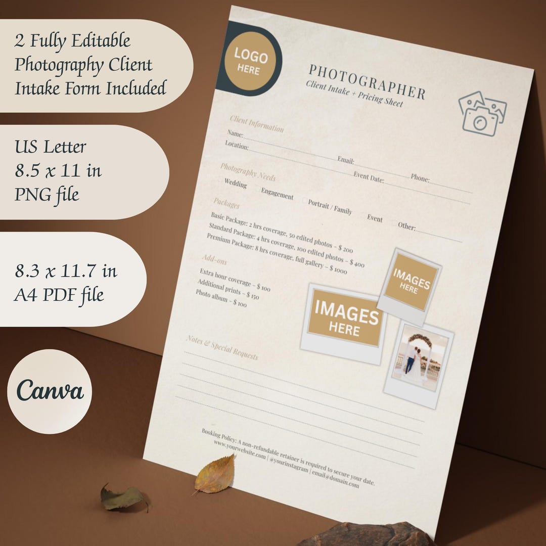 Client Photo Print Form Photography Client Intake Form - Fully Editable Canva Template in Two ...