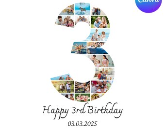 Collage fotografico per il 3° compleanno, numero 3 con foto modello Canva