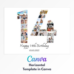 14th Birthday Photo Collage Template: Editable Number Sign (canva) - Etsy