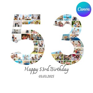 Peut inclure: Sur fond blanc, un collage en forme des chiffres 53, rempli de photos de famille. Les mots "Happy 53rd Birthday" et la date 03.03.2025 sont écrits en script noir. Un logo Canva est dans le coin supérieur droit.