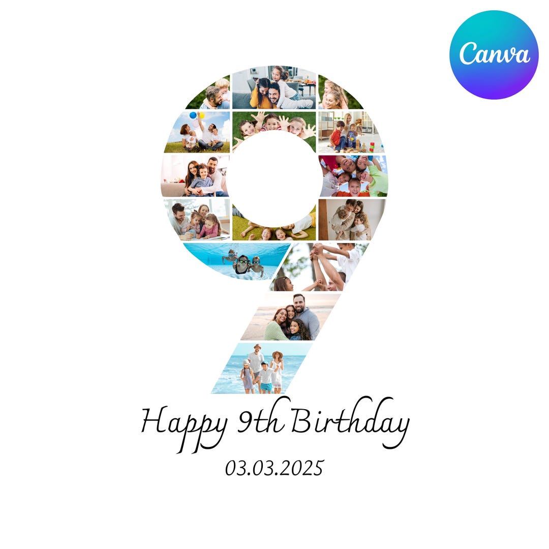 9th Birthday Number Collage: Editable Photo Poster Canva Template - Etsy