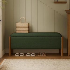 Upholstered Storage Ottoman Bench: Boucle Fabric & Walnut Legs