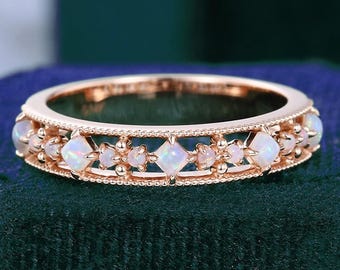 Elegant Rose Gold Opal Promise Ring - Fretwork Half Eternity Band