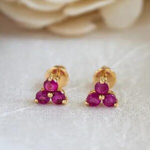 Genuine Ruby Cluster Stud Earrings, 14k Yellow Gold, Minimalist July Birthstone Jewelry