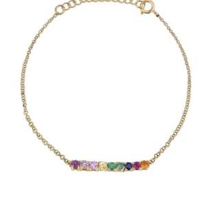 18k Gold Rainbow Sapphire Bar Bracelet, Dainty Pastel Ombre Jewelry