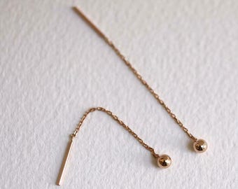 Minimalist Gold Threader Drop Earrings with Bead – Dainty Chain Pull-Through Earrings
