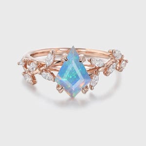 Kite Cut Opal Engagement Ring, Rose Gold Leaf Branch, Marquise Moissanite Accents, October Birthstone