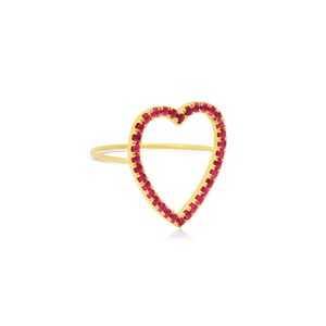 May include: A gold-colored ring featuring a heart-shaped design. The heart outline is encrusted with small, vibrant red gemstones. The ring is set against a plain white background, highlighting the jewelry's design and color.