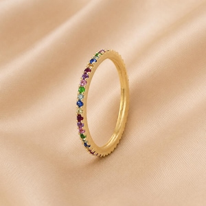 Solid 14k Gold Multi Sapphire Eternity Band, Rainbow Gemstone Ring Stackable Thin Band