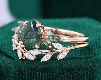 Pear Cut Moss Agate And Moissanite Leaf Ring Set – Nature Inspired Bridal & Wedding Jewelry