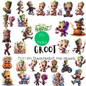 Könnte beinhalten: Eine Sammlung farbenfroher Groot-Charakterdesigns in verschiedenen Posen und Umgebungen. Das Bild enthält den Text "I AM GROOT" und "30 FILES GROOT 300 DPI TRANSPARENT PNG DESIGNS". Die Designs zeigen Groot mit Zubehör und in verschiedenen Stilen.