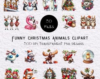 Lustige Weihnachtstiere Clipart Bundle: 30 PNG Designs für Urlaub Handwerk & Sublimation 300 DPI