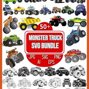 Puede incluir: Una colección de más de 50 diseños SVG de monster trucks en varios colores y estilos. La imagen incluye monster trucks de dibujos animados, un camión volquete y un camión con temática de tiburón. El texto "MONSTER TRUCK SVG BUNDLE" se muestra en un rectángulo rojo.