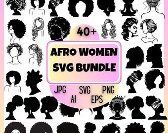 Pakiet SVG z Afro Woman, Clipart z czarną dziewczyną, Pliki do strzyżenia kręconych włosów