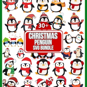 Puede incluir: Una colección de pingüinos de dibujos animados en varias poses y atuendos, incluyendo gorros de Papá Noel, bufandas y orejeras. La imagen presenta una pancarta roja con el texto "CHRISTMAS PENGUIN SVG BUNDLE" y el número "30+".