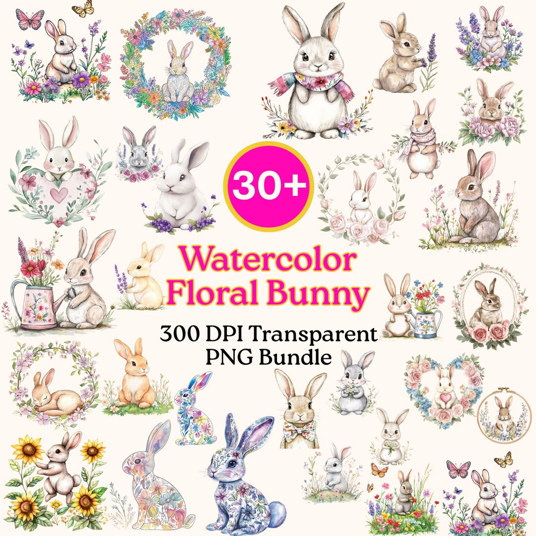 Watercolor Easter Bunny Clipart: 30+ Floral Rabbits (PNG Bundle) - Etsy