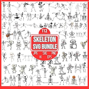 Puede incluir: Una colección de 112 gráficos SVG de esqueletos en varias poses, incluyendo tocar instrumentos, bailar y hacer deporte. La imagen presenta un letrero rojo y blanco que dice "SKELETON SVG BUNDLE". Los formatos incluyen JPG, SVG, PNG, AI y EPS.