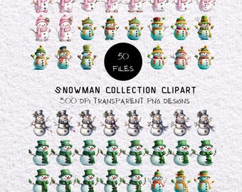 50 Snowman Png Clipart Bundle: 300 DPI Transparent Collection for Christmas Crafts