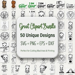 Può includere: Una collezione digitale di 50 design unici di clipart di Groot nei formati SVG, PNG, EPS e DXF. Il testo centrale recita Groot Clipart Bundle, 50 Unique Designs, SVG, PNG, EPS, DXF e Perfect for Cutting Machines & Printing.