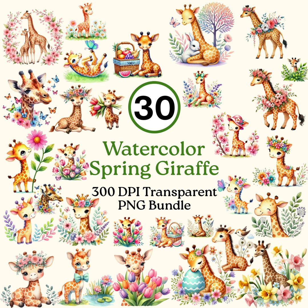 Spring Giraffe Watercolor Spring Giraffe PNG Bundle: 30 Floral Giraffes Designs, 300 ...