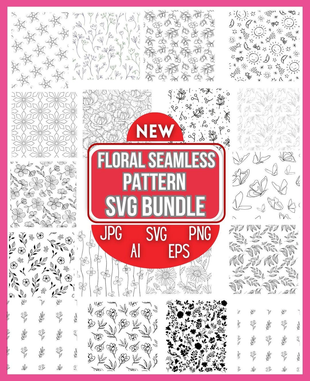 Boho Floral Seamless Pattern SVG Bundle, Vector Files (digital Download ...