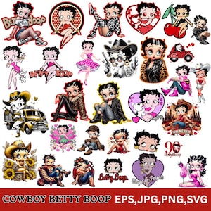 Puede incluir: Una colección de gráficos de Betty Boop en varias poses y atuendos. Las imágenes incluyen a Betty Boop con sombrero de vaquera, chaqueta de cuero y vestido de lunares. El texto "COWBOY BETTY BOOP" y los tipos de archivo EPS, JPG, PNG, SVG están en la parte inferior.