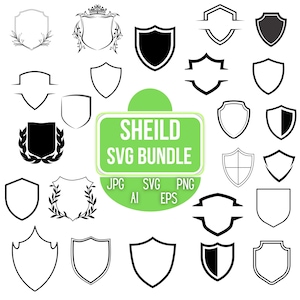 Puede incluir: Una colección de diseños de escudos en blanco y negro, con varias formas y estilos. Algunos escudos son sólidos, otros delineados, y algunos presentan elementos decorativos. La imagen incluye el texto "SHEILD SVG BUNDLE" e indicadores de tipo de archivo.