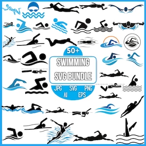May include: A collection of swimming-themed SVG graphics in black and blue. The image includes various swimmer silhouettes, water wave illustrations, and the text "50+ SWIMMING SVG BUNDLE" with file type indicators: JPG, SVG, PNG, AI, and EPS.