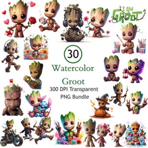 以下が含まれることがあります： 30枚の水彩画Groot PNG画像のコレクション。画像には、プレゼントを持ったり、ヘッドフォンをつけたり、コスチュームを着たりするなど、さまざまなポーズや環境のGrootが描かれています。画像内のテキストは「Watercolor Groot 300 DPI Transparent PNG Bundle」です。