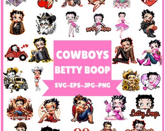 May include: A digital collection of Betty Boop character illustrations featuring various outfits, poses, and accessories. The central pink banner displays the text COWBOYS BETTY BOOP SVG-EPS-JPG-PNG. The graphics include diverse themes like western, casual, and formal attire.