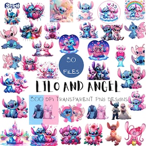 May include: A collection of 30 transparent PNG designs featuring the characters Stitch and Angel in various poses. The designs showcase the characters in shades of blue, pink, and purple, with floral and heart accents. The text "Lilo and Angel" is also visible.