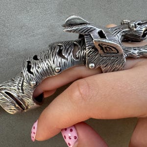 Sterling Silver Armored Wolf Dragon Claw Ring – Gothic Medieval Full Finger Armor Jewelry, Statement Adjustable Ring, 925 Silver