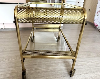 Carrito de bar vintage de latón y cristal con ruedas, mesa auxiliar con carrito para bebidas de mediados de siglo