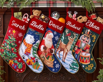 2026 Handmade Personalized Needlepoint Xmas Stocking, Custom Name Embroidered Family Stocking, Christmas Stocking,Holiday Gift for Daughter