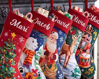 Needlepoint Christmas Stockings, 2026 Handmade Holiday Stocking, Personalized Name Monogram Stocking, Home Decor, Christmas Gifts