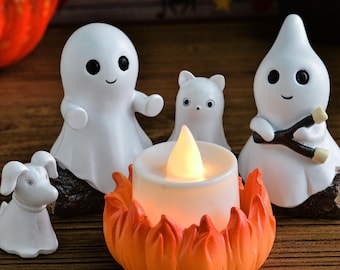 Ghost Campfire Gathering,Halloween Decor,Cute Ghost Figurine Set,Spooky Halloween Decor,Halloween Nightlight,Haunted Ghost Scene