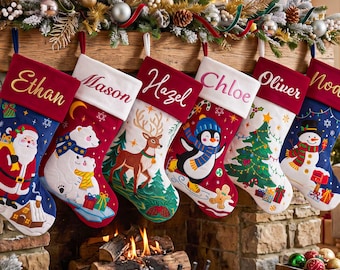 Custom Embroidered Christmas Stocking, Personalized Name Cuff, Festive Character Design, Family Xmas Stocking, Holiday Home Decor