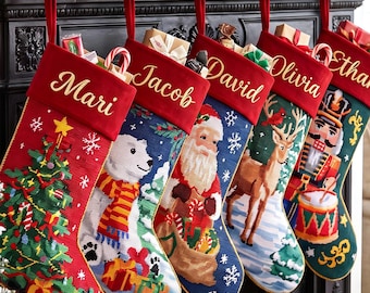 2026 Needlepoint Velvet Christmas Stockings, Custom Family Stocking, Handmade Monogrammed Xmas Stocking with Name, Holiday Stockings