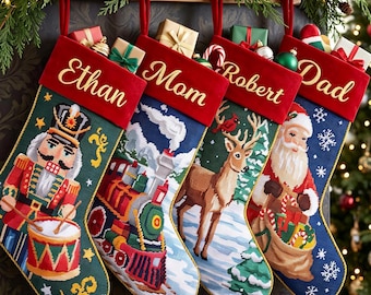 Handmade Needlepoint Velvet Embroidered Stocking, Personalized Name Family Stockings, Needlepoint Xmas Sock, Holiday Fireplace Decor