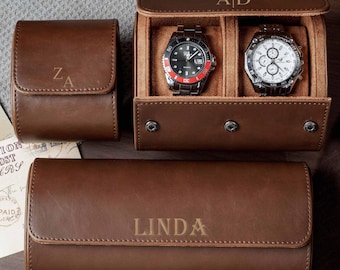 Personalized Vintage Leather Watch Roll Case, Portable Travel Watch Box, 3 Slot Options, Custom Engraved Initials, Anniversary Gift for Men