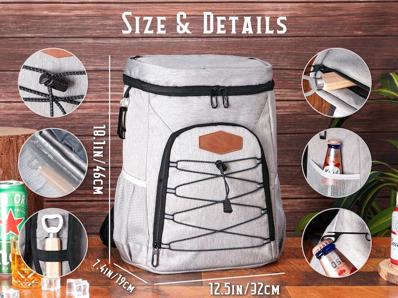 May include: A gray insulated backpack cooler with black accents and a brown leather patch. The cooler measures 18.1 inches (46 cm) high, 12.5 inches (32 cm) wide, and 7.4 inches (19 cm) deep. It features a top zipper, side mesh pockets, and a front bungee cord design.