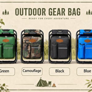 May include: Four outdoor gear bags with integrated folding stools, displayed in green, camouflage, black, and blue. Each bag features a main zippered compartment, a side pocket, and a front pocket with a reflective strip and a brown logo patch.